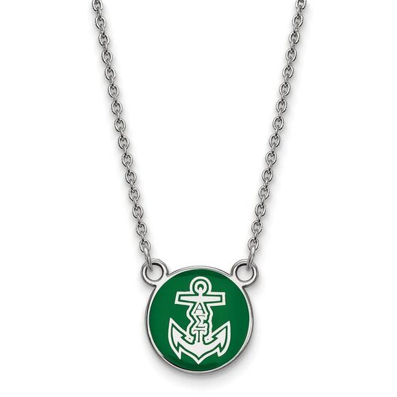 Sterling Silver Alpha Sigma Tau Small Green Enamel Logo Necklace - Picture 1 of 4